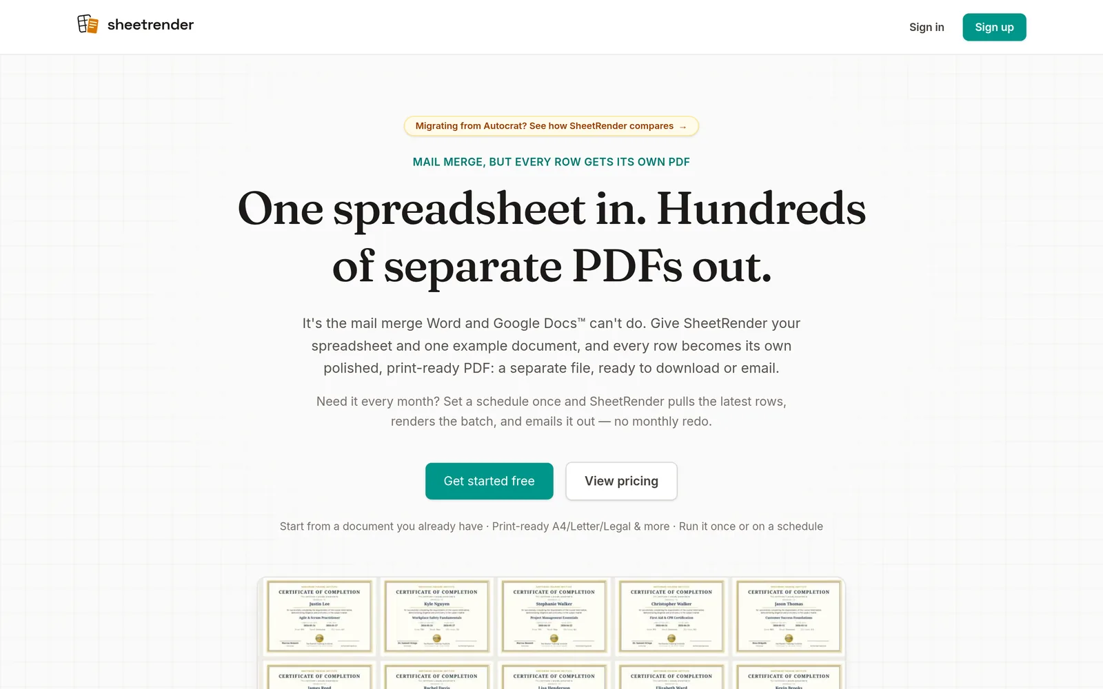 SheetRender turns spreadsheet rows into separate PDF documents